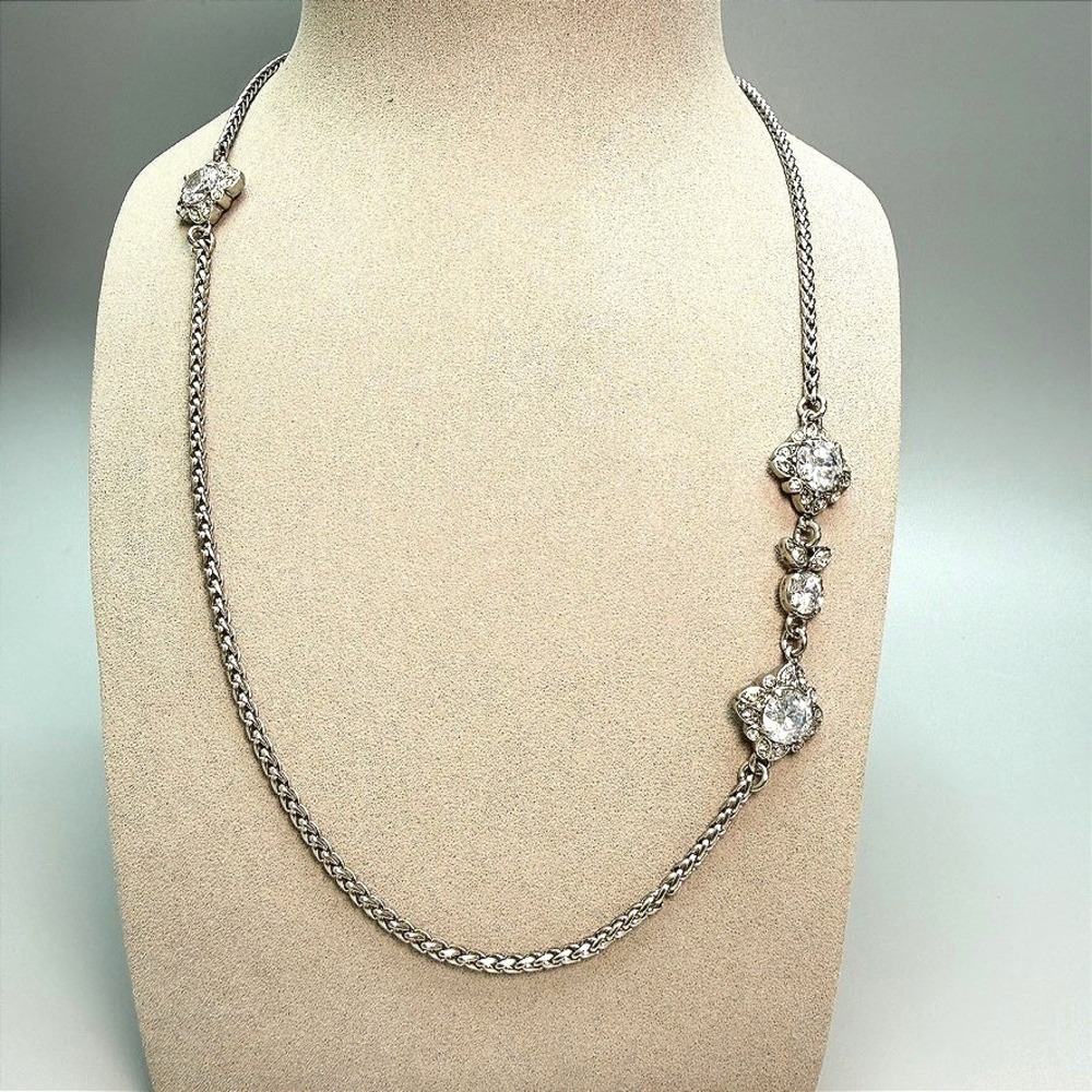 Silver Tone Asymmetrical Station Necklace 24" Clear Rhinestone Whimsical Quality
